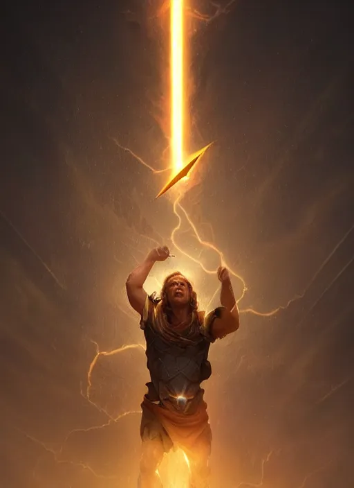 Image similar to god of light holding a lightning bold, dramatic lighting, slight bokeh on background, cinematic, portrait shot, extremely high detail, foto realistic, cinematic lighting, post processed, concept art, artstation, matte painting, blizzard studio, wow, style by eddie mendoza, raphael lacoste, alex ross