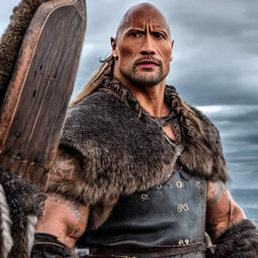 Prompt: dwayne johnson in vikings on a boat 4 k quality super realistic