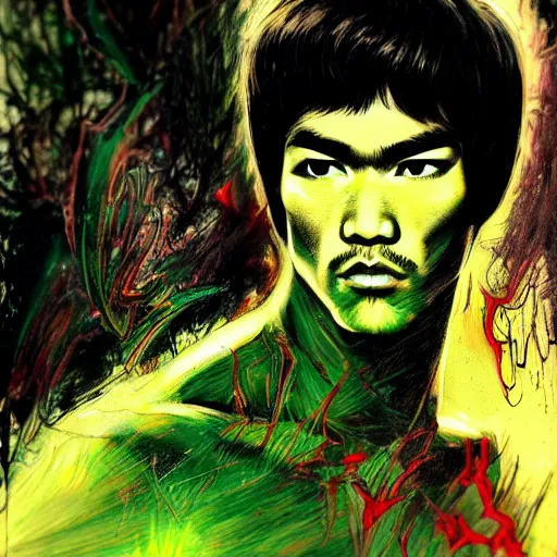 Image similar to a demon slayer portrait of bruce lee, tall, pale - skinned, and slender with lime green eyes and long eyelashes by stanley artgerm, tom bagshaw, arthur adams, carne griffiths, trending on deviant art, street art, face enhance, chillwave, maximalist, full of color, glittering