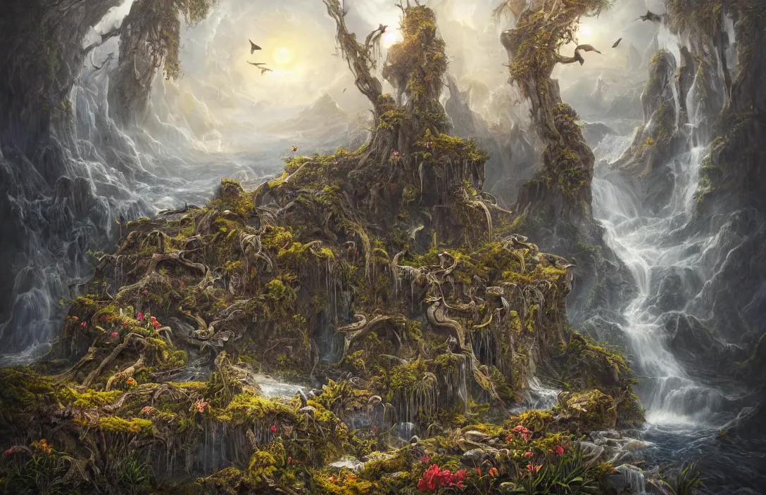 Image similar to a hymn of beautiful mysthic landscape and a huge skull overgrown, in the style of dylan cole, martin dechambault, detailed dreamscape, hyperreal phantastic, intricate details in environment, golden ratio, high aestehtic, waterfalls and lakes, cinematic light dramatic light, lightrays, flying birds in distance, trending on artstation