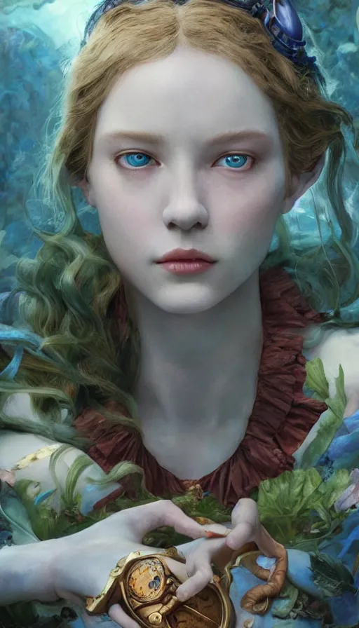 Image similar to epic masterpiece alice in wonderland, sweaty skin, hyperrealistic, octane render, cinematic, beautiful face and flawless skin, perfect hands, 5 fingers, blue, by Edgar Maxence and Ross Tran and Michael Whelan, Legends of Runeterra