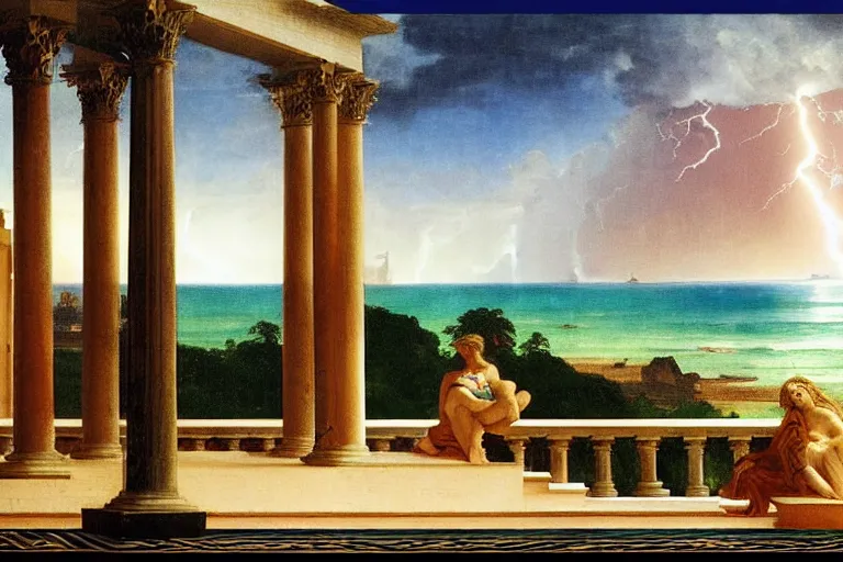 Prompt: mediterranean balustrade and palace columns, refracted lightnings on the ocean, colorful thunderstorm, tarot cards, beach and Tropical vegetation on the background major arcana sky and occult symbols, by paul delaroche, hyperrealistic 4k uhd, award-winning, very detailed paradise