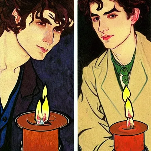 Image similar to painting of young cute handsome beautiful dark medium wavy hair man in his 2 0 s named shadow taehyung and cute handsome beautiful min - jun together at the halloween! party, bubbling cauldron!, candles!, smoke, autumn! colors, elegant, wearing suits!, delicate facial features, art by alphonse mucha, vincent van gogh, egon schiele