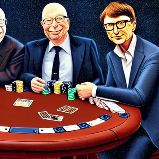 Prompt: UHD photorealistic Elon Musk playing poker with Satoshi Nakamoto, Klaus Schwab, and Bill Gates, hyperrealistic, correct details, cosmic dynamic lighting, symmetrical faces, accurate faces, in the style of art nouveau