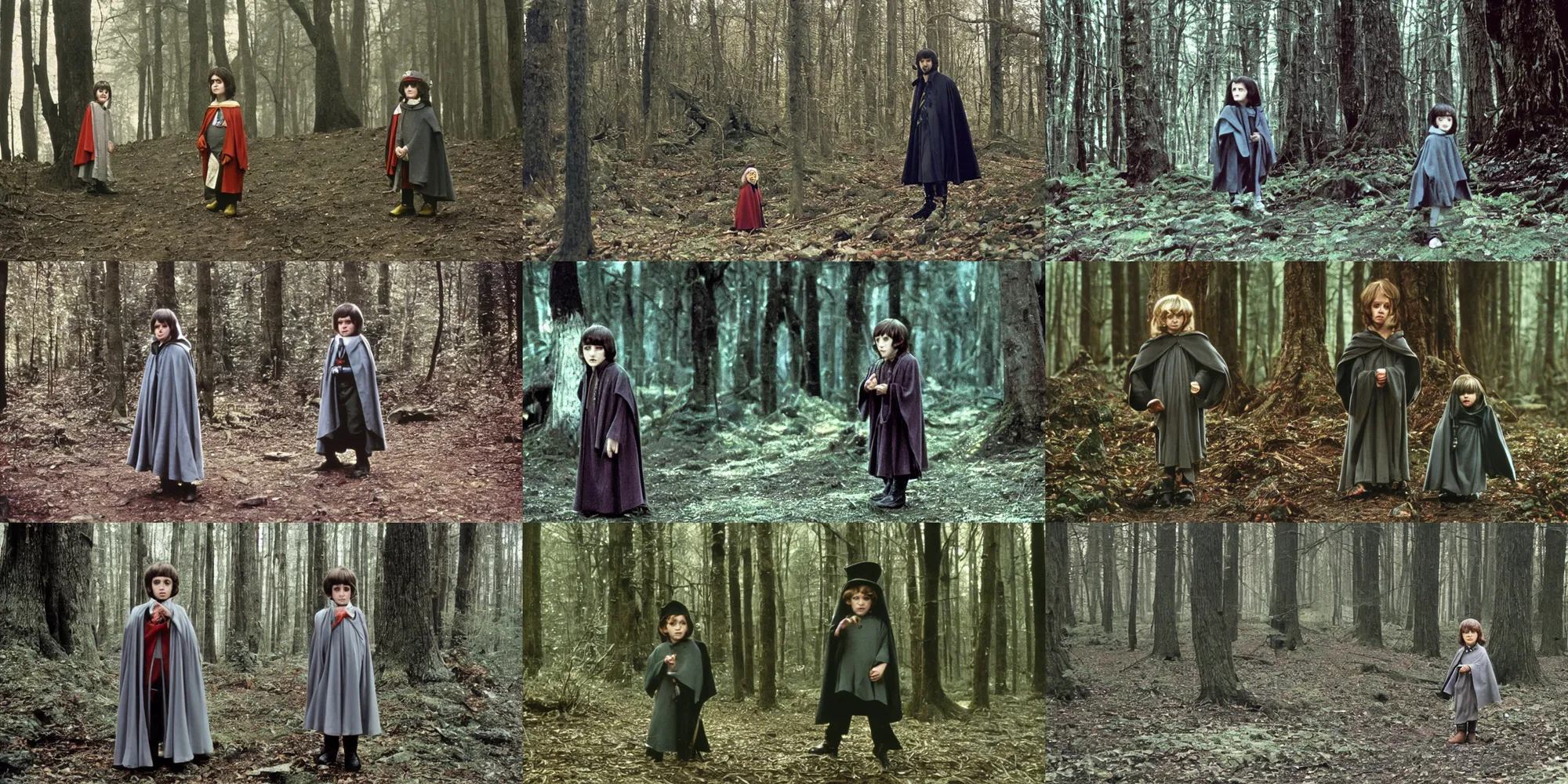 Prompt: A full color still of young Ringo Star dressed as a wizard in a grey cloak, in a forest, directed by Stanley Kubrick, 35mm, 1970