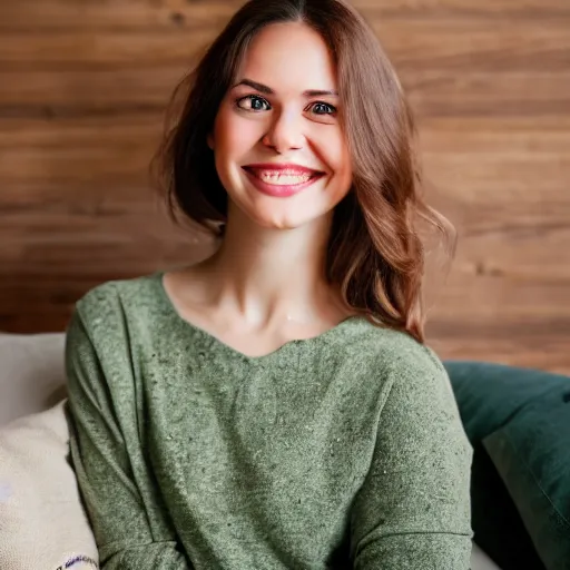 Image similar to Photo of a cute young woman smiling, long shiny bronze brown hair, full round face, green eyes, medium skin tone, light cute freckles, smiling softly, wearing casual clothing, relaxing on a modern couch, interior lighting, cozy living room background, medium shot, mid-shot, soft focus, professional photography, Portra 400