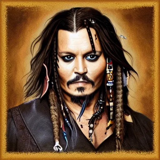 Image similar to portrait of johnny depp as captain jack sparrow, highly detailed, centered, solid color background, digital painting