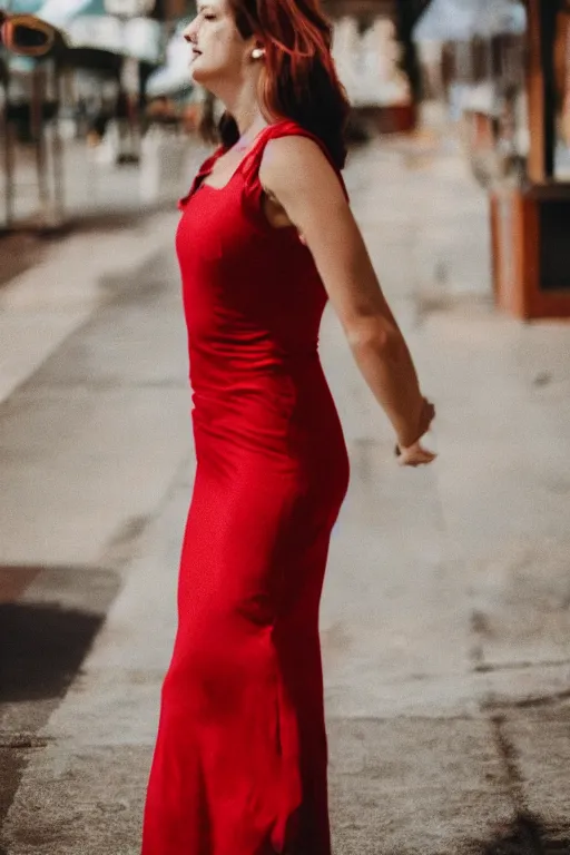 Image similar to woman in a red sleeveless dress, out of focus