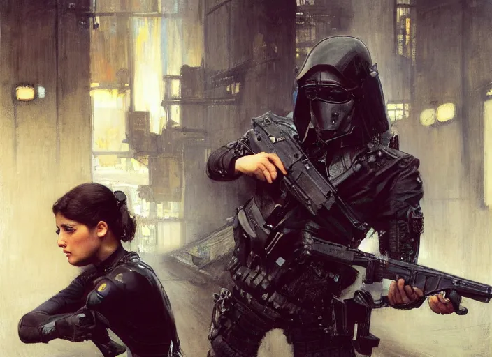 Image similar to sophia evades sgt Nash. Cyberpunk thief wearing combat vest escaping menacing police troopers (blade runner 2049). Gorgeous face. Iranian orientalist portrait by john william waterhouse and Edwin Longsden Long and Theodore Ralli and Nasreddine Dinet, oil on canvas. Cinematic, hyper realism, realistic proportions, dramatic lighting, high detail 4k