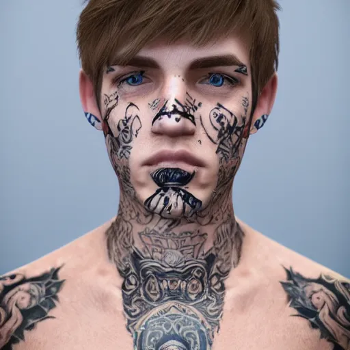 Image similar to detailed render of a blonde boy with face tattoos