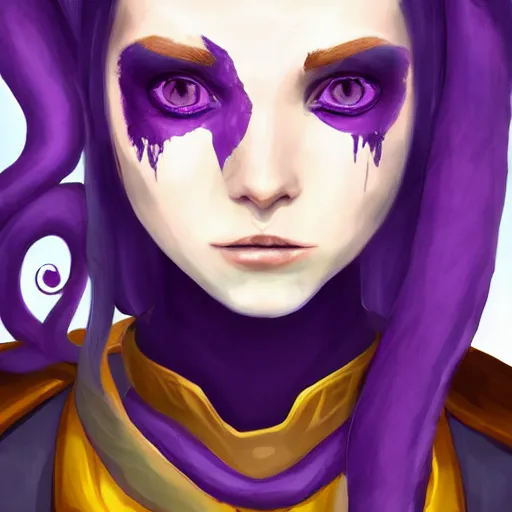 Image similar to a portrait of a cute tiefling girl with a scar along her face, skin colour purple, horns from her head, yellow eyes, cleric, dnd art, fantasy, digital art, high quality.