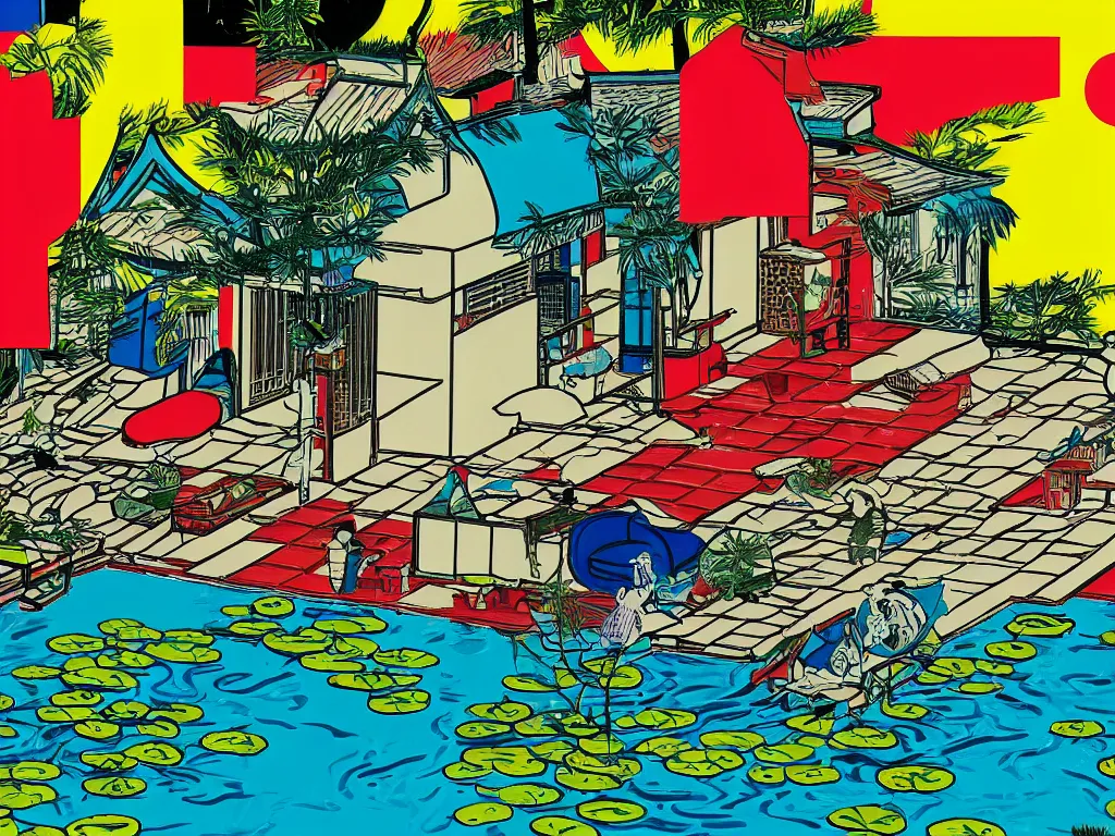 Image similar to close - up image of a japanese house with a pond, stormtroopers sitting around it, pop - art style, the style of andy warhol, roy lichtenstein and jackie tsai, bright and saturated palette, acrylic on canvas