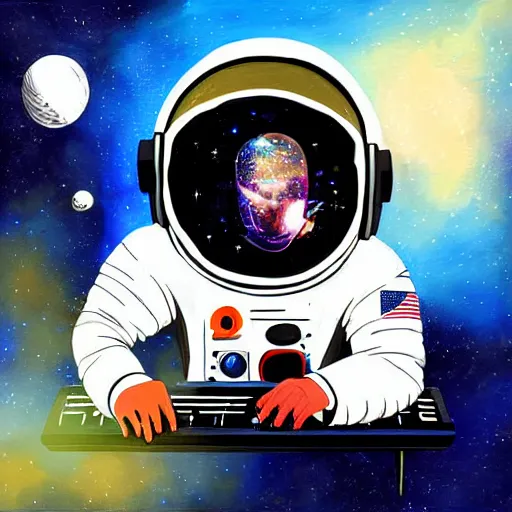 Prompt: an astronaut with headphone playing keyboard in the space, digital painting, digital art, bill sienkiewicz