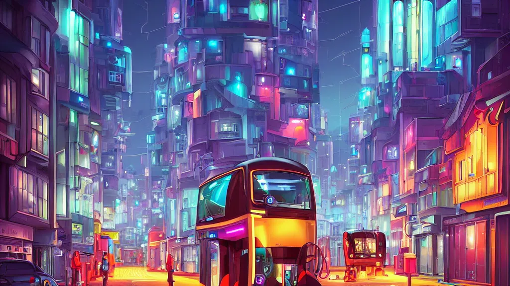 Prompt: street view of futuristic robot london city at night by cyril rolando and naomi okubo and dan mumford and zaha hadid. robots. advertisements for robots. robotic elegant lamps. robotic double decker bus.