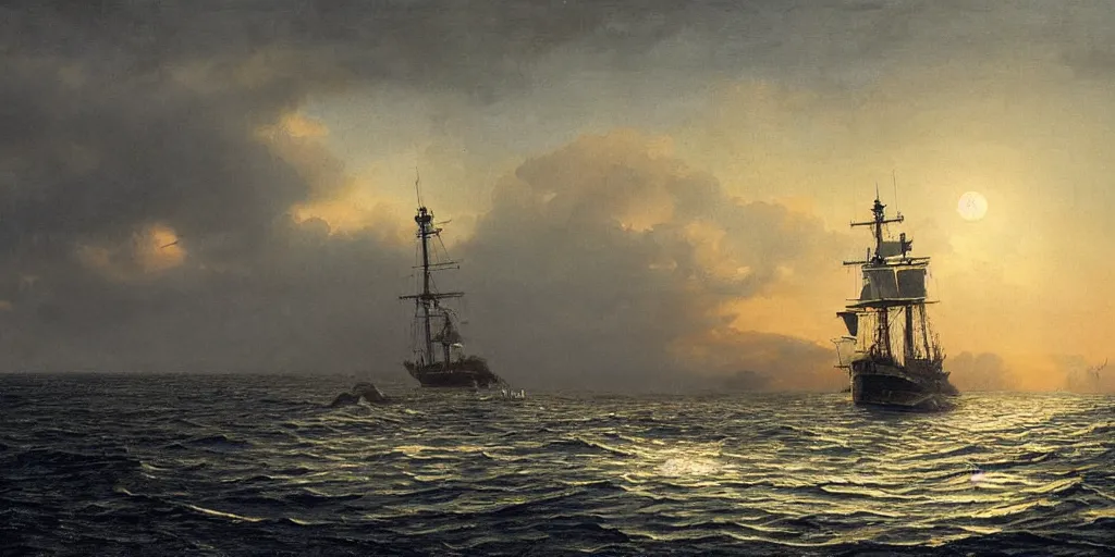 Prompt: Portrait of a 20th century frigate alone at sea with an island in the background, highly detailed, cinematic lighting, digital art, painting by aivasovsky