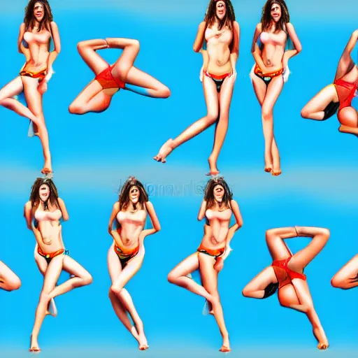 Image similar to wallpaper seamless pattern of beautiful women in bikini in various poses, realistic photo, blue background