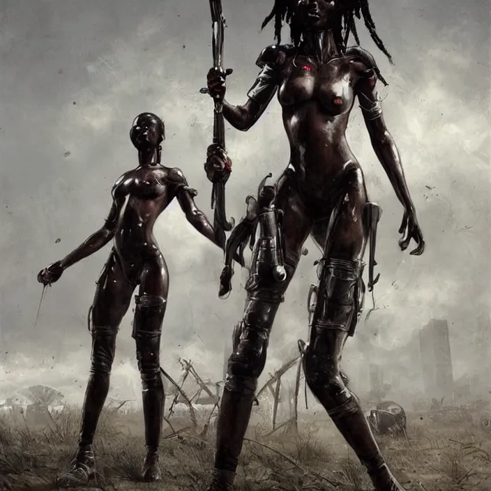 Prompt: african domme mistress, full body, petite, ebony skin, rubber and latex, postapocalyptic, slaves, smooth white surroundings, smooth, high tech, concept art, realistic painting, digital art by greg rutkowski, by junji ito