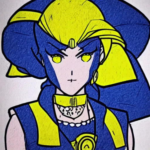 Image similar to a jojo's bizarre adventure manga artstyle drawing : Marie the mother of Jesus dressing blue and yellow next to the pyramids