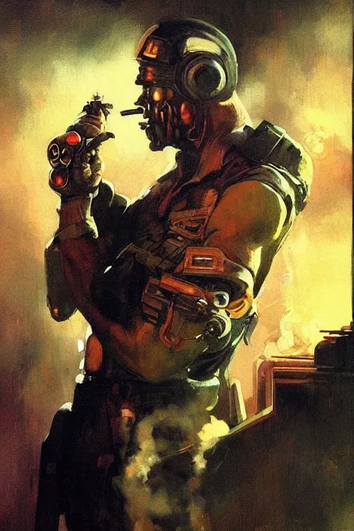 Image similar to An android smoking a cigar in a cyberpunk setting, by Frank Frazetta, Trending on Artstation, highly detailed,