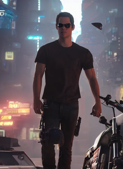 Image similar to film still of Dylan O'Brien as Kerry Eurodyne in Cyberpunk 2077, gameplay, 8k, HD