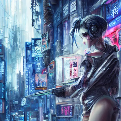 Image similar to dynamic composition, motion, ultra-detailed, incredibly detailed, a lot of details, amazing fine details and brush strokes, colorful and grayish palette, smooth, HD semirealistic anime CG concept art digital painting, watercolor oil painting of Clean and detailed post-cyberpunk sci-fi close-up cyborg vampire girl in asian city in style of cytus and deemo, blue flame, relaxing, calm and mysterious vibes,, by a Chinese artist at ArtStation, by Huang Guangjian, Fenghua Zhong, Ruan Jia, Xin Jin and Wei Chang. Realistic artwork of a Chinese videogame, gradients, gentle an harmonic grayish colors. set in half-life 2, Matrix, GITS, Blade Runner, Neotokyo Source, Syndicate(2012), dynamic composition, beautiful with eerie vibes, very inspirational, very stylish, with gradients, surrealistic, dystopia, postapocalyptic vibes, depth of field, mist, rich cinematic atmosphere, perfect digital art, mystical journey in strange world