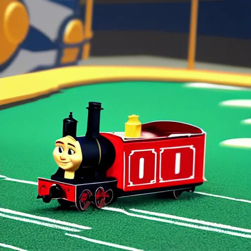 Image similar to purdue pete in the style of thomas the tank engine, on a football field, large, realistic