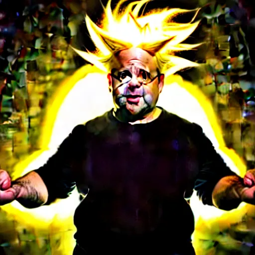 Image similar to uhd candid photo of jason alexander as a super sayian, glowing, global illumination, studio lighting, radiant light, detailed, correct face, elaborate intricate costume. photo by annie leibowitz