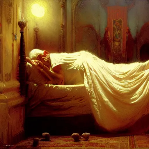 Prompt: the pope laying down in his bed, terrified, because a double horned shadow demon is in the bedroom, approaching his bed. highly detailed painting by gaston bussiere, greg rutkowski, craig mullins 8 k