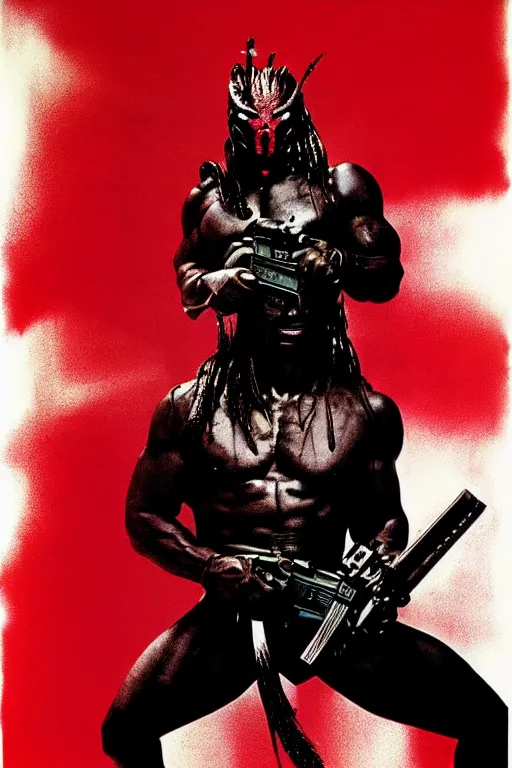 Image similar to predator movie poster by andy warhol