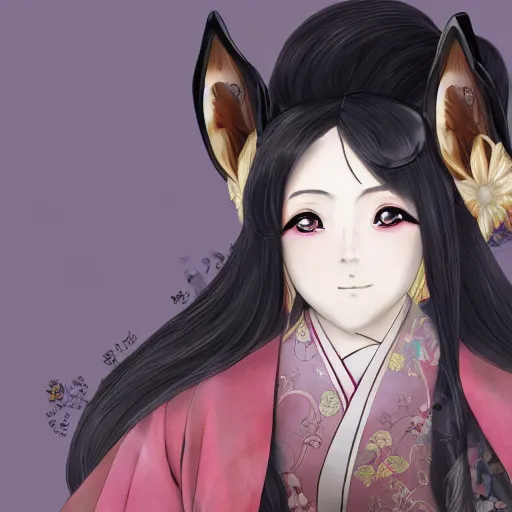 Image similar to A close-up anime portrait of Ssunbiki as a noble Japanese lady with fox ears wearing a silk kimono from Skyrim, by a professional manga illustrator, Stanley Artgerm Lau, WLOP, Rossdraws, James Jean, Andrei Riabovitchev, Marc Simonetti, and Sakimichan, tranding on artstation