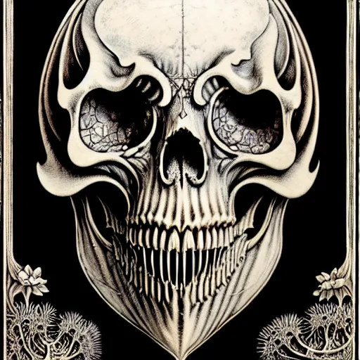 Image similar to art forms of nature by ernst haeckel, memento mori by arthur rackham, ornate antique porcelain beautiful skull mask, ultrasharp, photorealistic, hyperdetailed, octane render, polished, art nouveau, neo - gothic, gothic, intricate ornamental organic filigree, art nouveau botanicals, art forms of nature by ernst haeckel, horizontal symmetry, symbolist, visionary