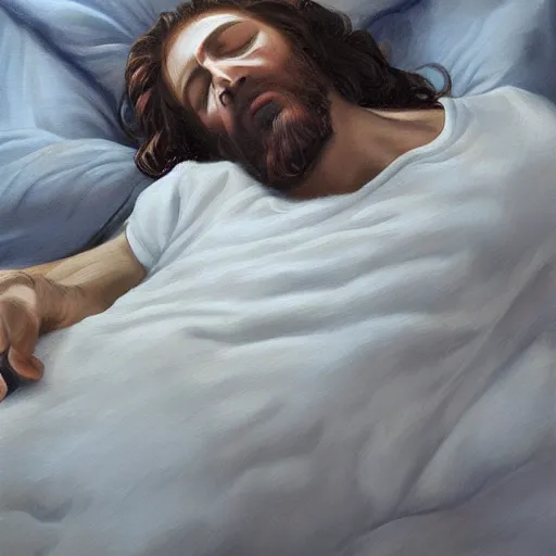 Image similar to Jesus Christ asleep tucked in in his bed, old realistic painting trending on artstation