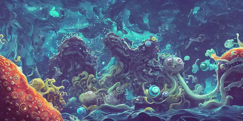 Image similar to of an intricate deep sea with strange cute friendly happy creatures with huge eyes, long tongue, round teeth and goofy funny face, appearing from the background, in the style of gehry and gaudi, macro lens, shallow depth of field, ultra detailed, digital painting, trending artstation, concept art, illustration, cinematic lighting, photorealism, epic, octane render