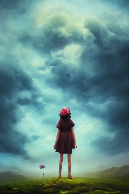 Prompt: closeup giant dahlia flower over the face, girl standing on mountain, surreal photography, blue storm clouds, dramatic light, impressionist painting, digital painting, artstation, simon stalenhag