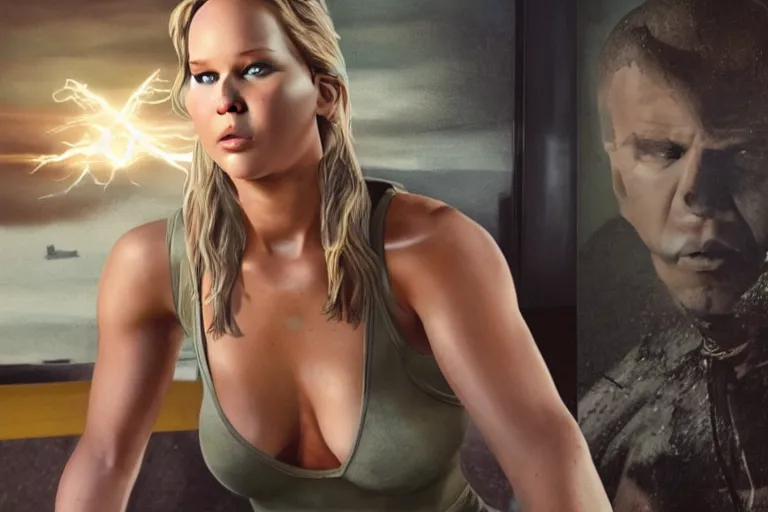 Prompt: hench muscled jennifer lawrence wearing spandex, asleep, god's rays, cinematic light, octane render, photorealistic, drew struzan, gta v cover art....