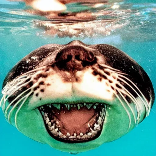 Image similar to fat cat head underwater like in jaws poster,