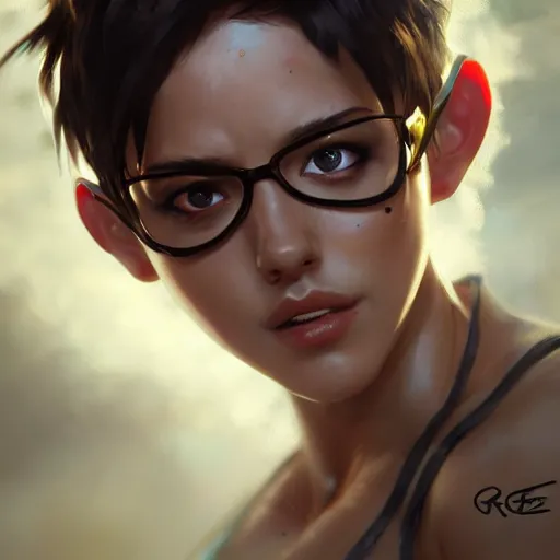 Prompt: portait of tracer in a bikini, hyperdetailed, intricate, very beautiful face, pretty face, very detailed eyes, by greg rutkowski, wlop, unreal engine 5, trending on artstation