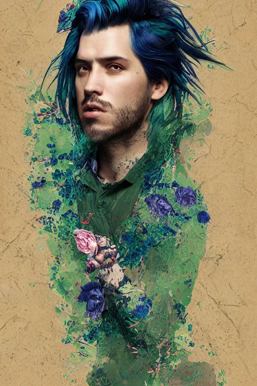 Image similar to portrait of a man with cracked thick skin. dark blue-green hair, dark flower pattern wallpaper background, high detail, by Eddie Mendoza