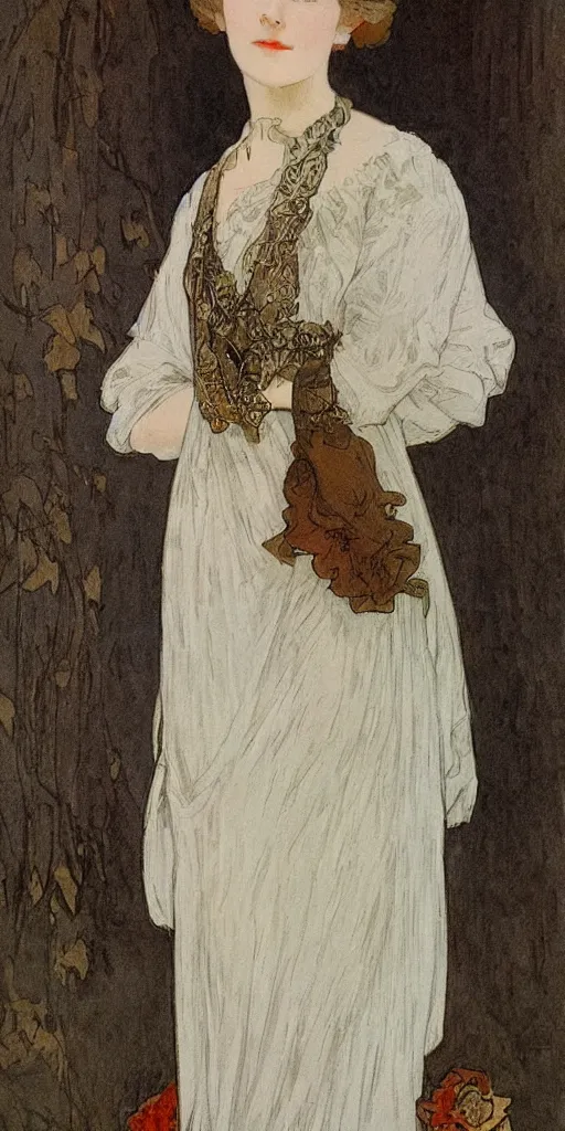 Image similar to a young edwardian woman wearing a white blouse and a grey skirt, in the style of mucha