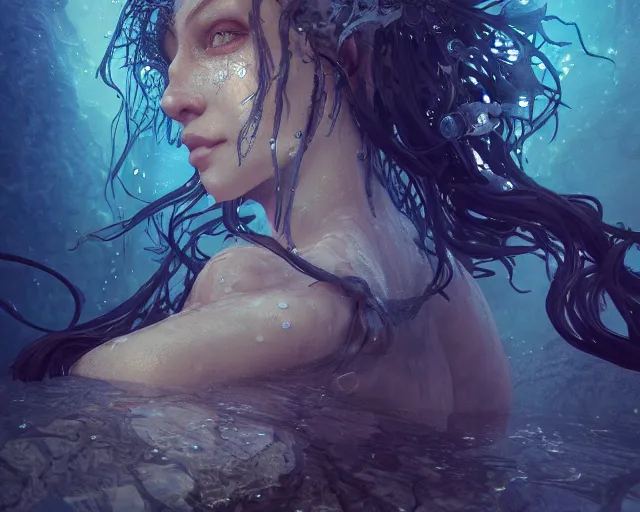 Prompt: underwater witch, au naturel, hyper detailed, digital art, trending in artstation, cinematic lighting, studio quality, smooth render, unreal engine 5 rendered, octane rendered, art style by klimt and nixeu and ian sprigger and wlop and krenz cushart.