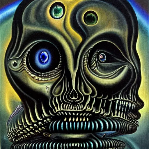 Prompt: peer into the depths of the endless cosmic void, shine a light on your darkest terror. hr giger, oil on canvas