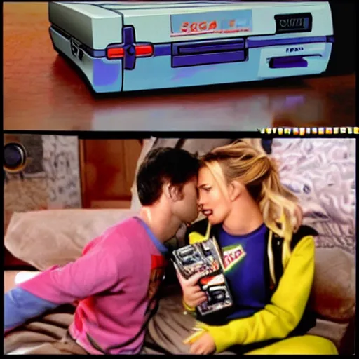 Image similar to Super Nintendo playing and Xbox 360 but it's a Sega Genesis making out with Britney Spears