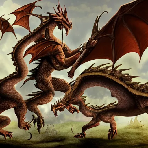 Prompt: dragons fighting over a destroyed village, digital art