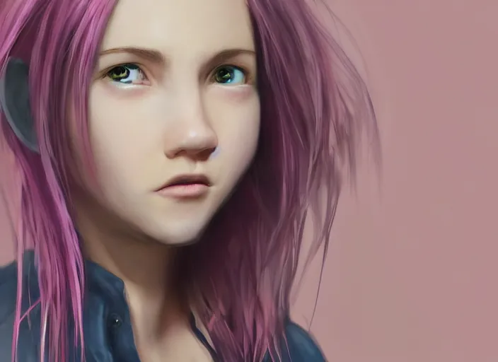 Prompt: concept art for the main character in the award winning film named life is better in pink. the character is a unnaturally beautiful teenage girl with deep dark blue eyes and long curled pink hair, wearing light pink clothes. her nose is short and points slightly upwards. realistic cg render, anatomically correct, high key lighting, trending on art station, vibrant colors.