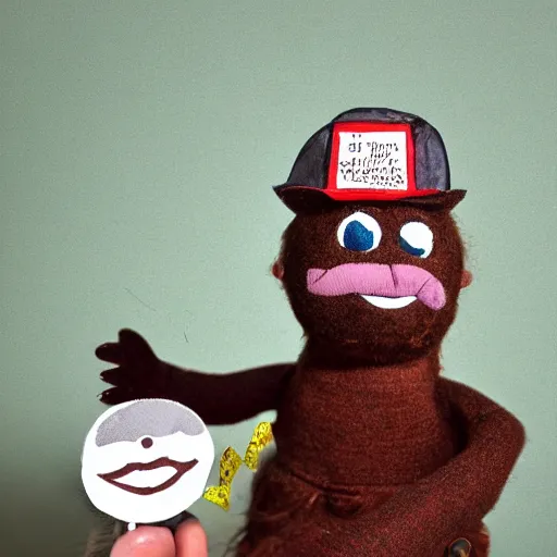 Image similar to happy pepe the miner in a puppet show