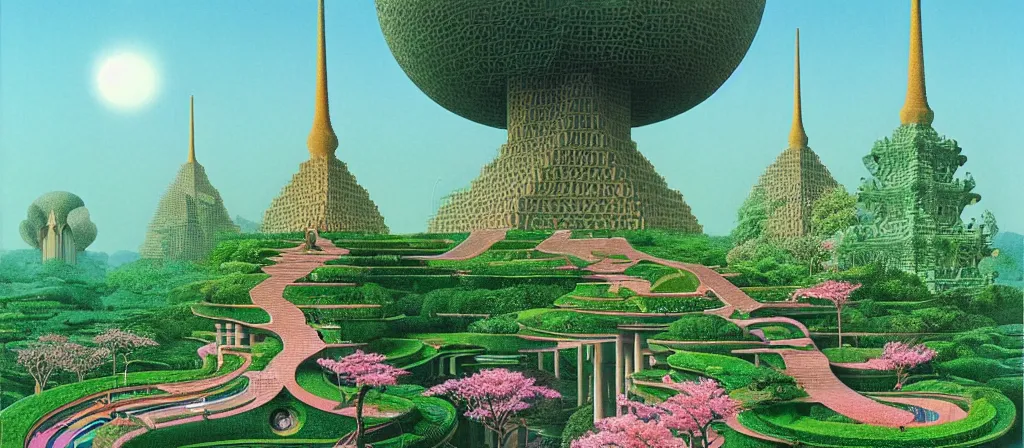 Image similar to huge gargantuan angular dimension of pagoda liminal spaces, temples by escher and ricardo bofill. utopian singaporean landscape by roger dean. magical realism, surrealism, lush sakura trees, waterfalls, thunder, lightning, vaporwave, trending on artstation, shot from below, epic scale