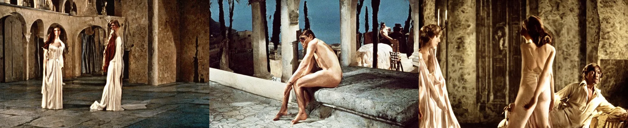 Prompt: still from l'estate, a movie by luchino visconti ( 1 9 7 4 ) set in capri inspired by a novel of marquis de sade. technicolor, dramatic light, cinematic composition, flamboyant