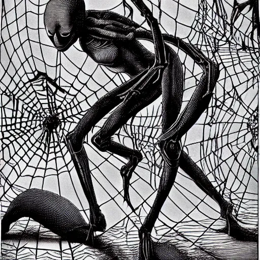 Image similar to grotesque human and spider hybrid, flesh and bone exposed, scary, spindly legs with a large web, junji ito manga art