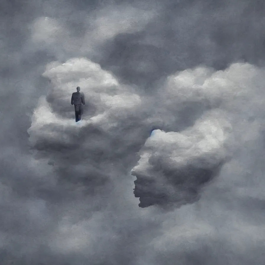 Image similar to artwork of a headless man with one stormy cloud floating above his shoulders