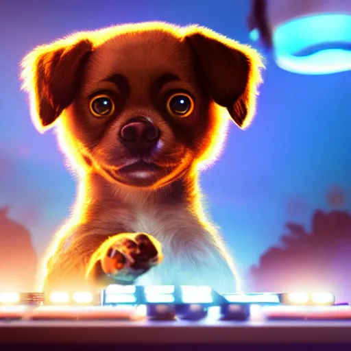 Prompt: puppy as a DJ, 8k, fantasy, intricate, cinematic lighting, highly detailed, digital painting, artstation, concept art, smooth, sharp focus, illustration, by Pixar